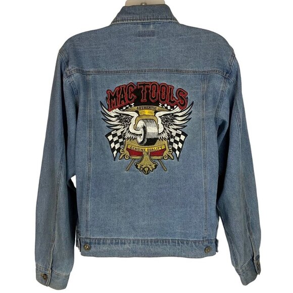 Mac Tools Denim Trucker Jacket Mens L Embroidered Racing Auto Mechanic Style - Picture 1 of 9